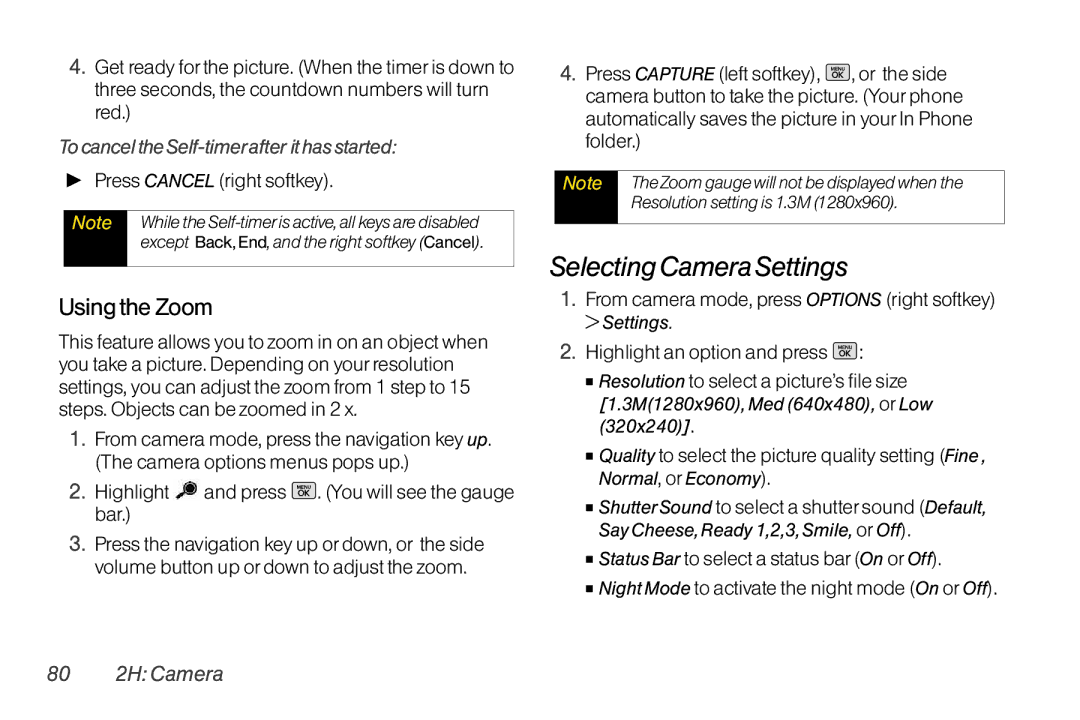 Mitel LG260 manual Selecting Camera Settings, Usingthe Zoom, To cancel the Self-timerafter it has started, 80 2H Camera 