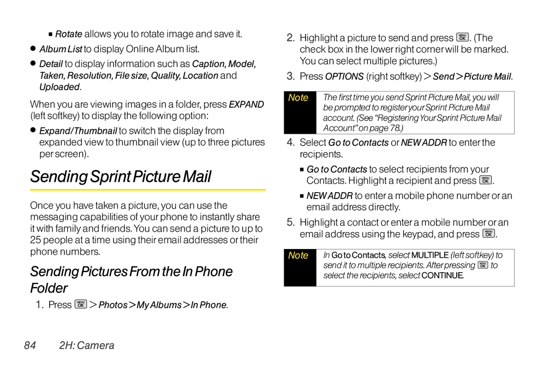 Mitel LG260 manual SendingSprint Picture Mail, SendingPictures From the In Phone Folder, 84 2H Camera 