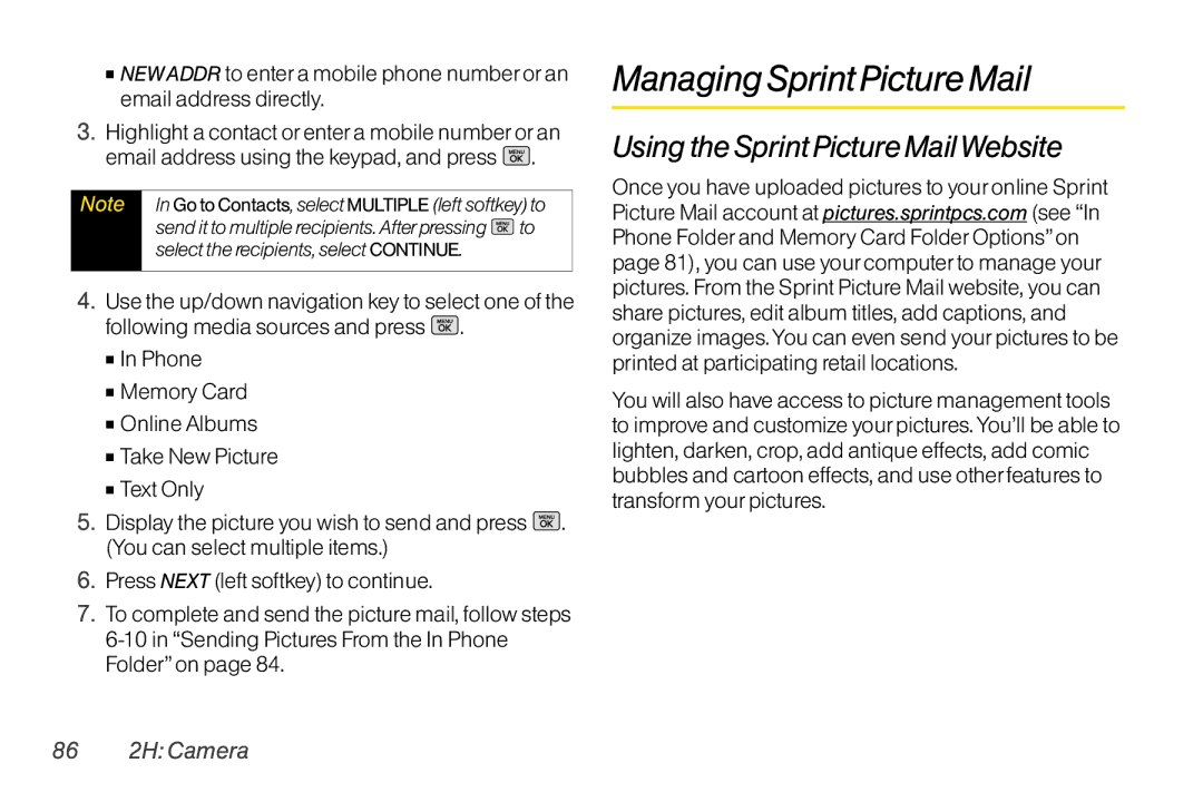 Mitel LG260 manual ManagingSprint Picture Mail, Using the Sprint Picture MailWebsite, 86 2H Camera 