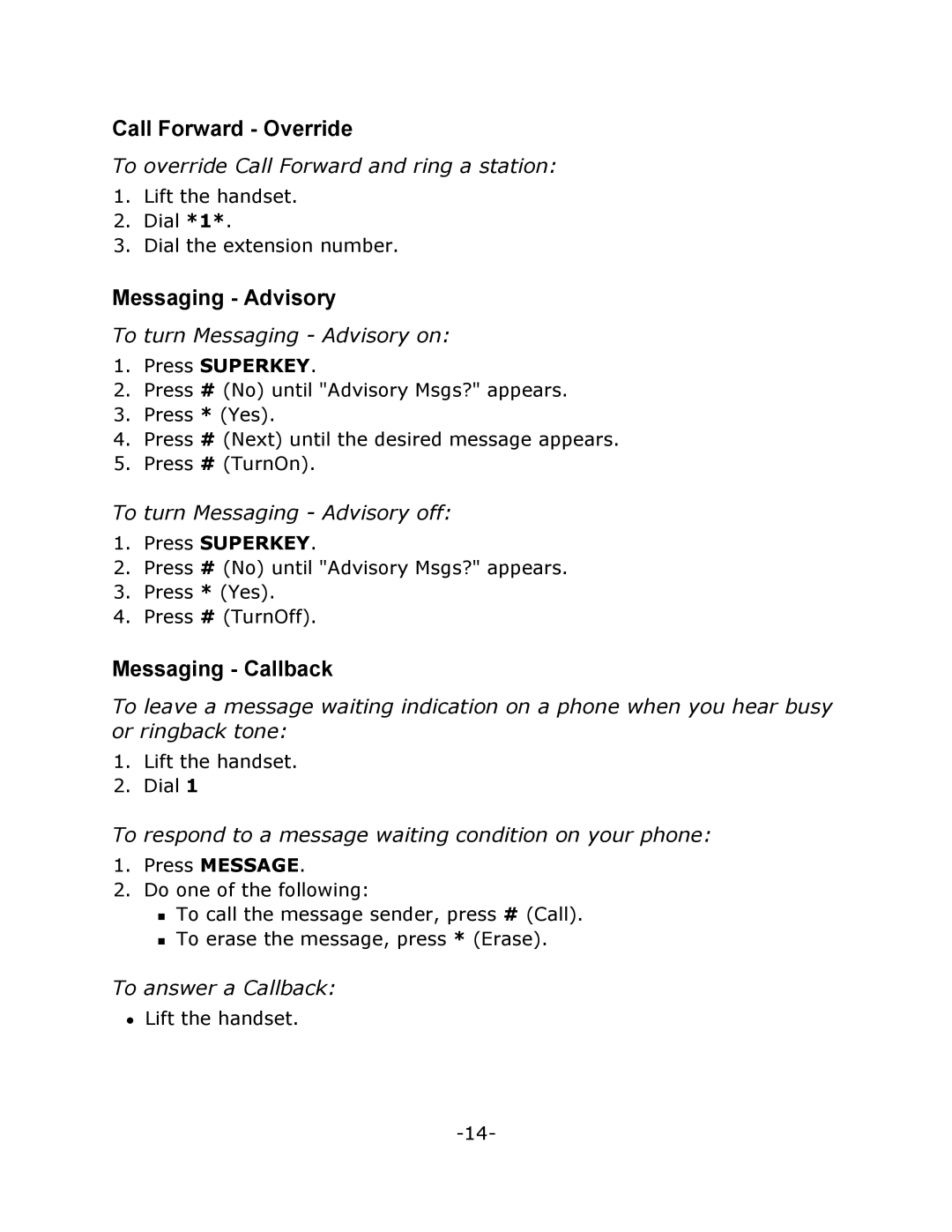 Mitel M7208N manual Call Forward Override, Messaging Advisory, Messaging Callback 