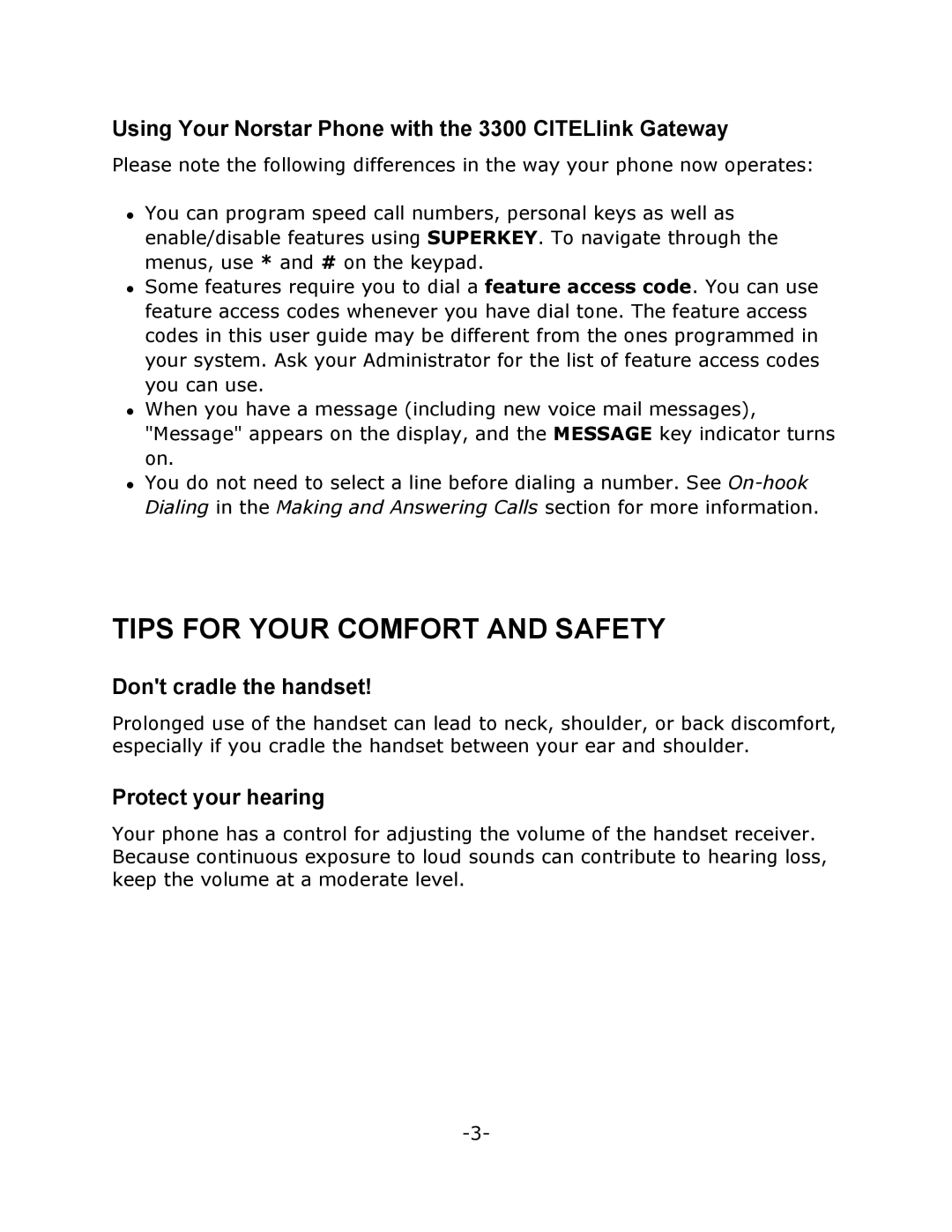 Mitel M7208N manual Tips for Your Comfort and Safety, Using Your Norstar Phone with the 3300 CITELlink Gateway 