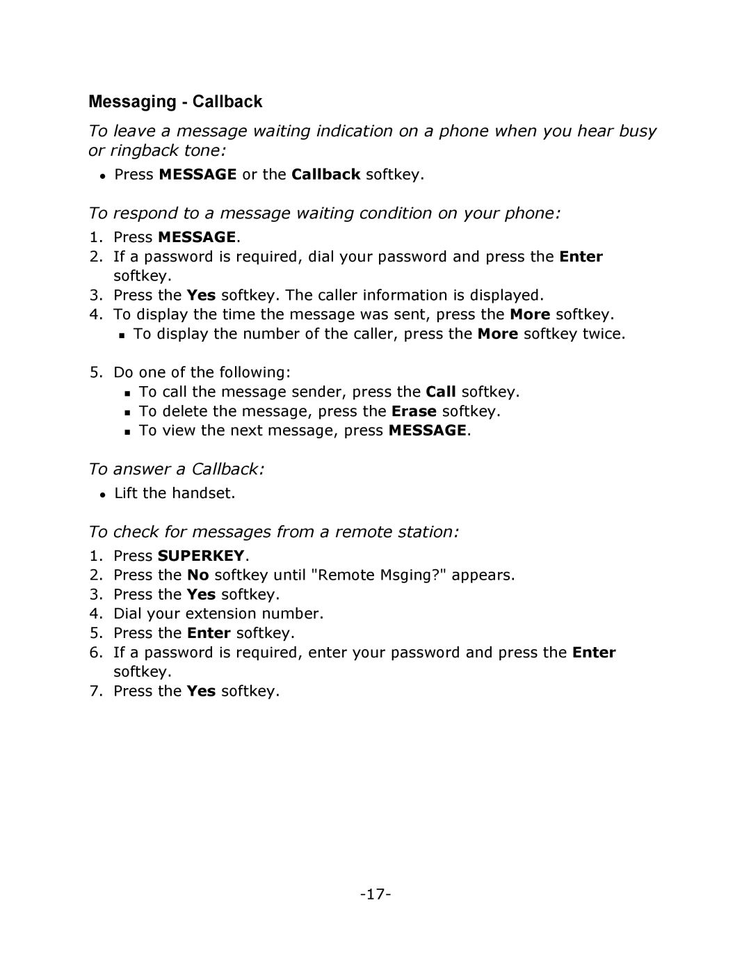 Mitel M7310 manual Messaging Callback, To respond to a message waiting condition on your phone, To answer a Callback 