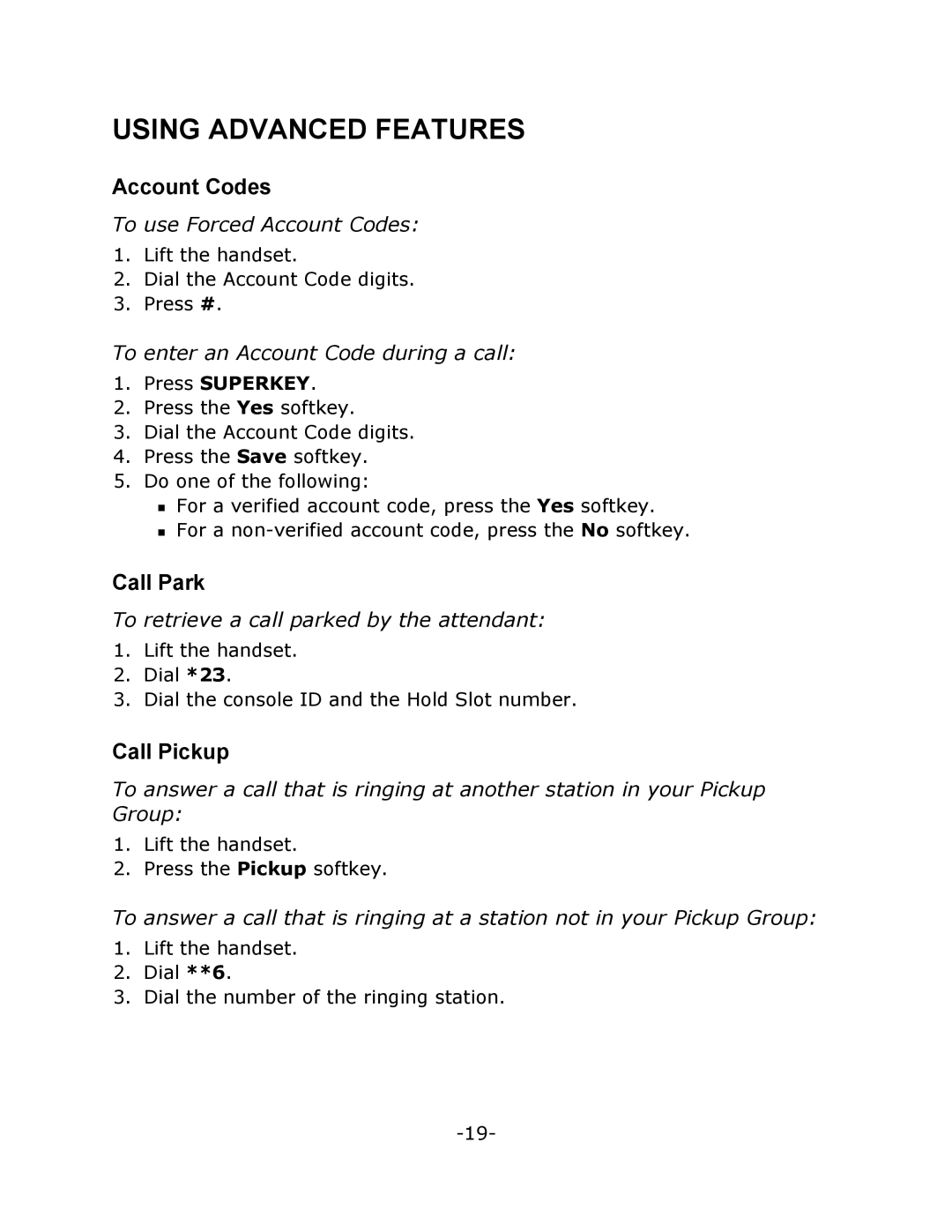 Mitel M7310 manual Using Advanced Features, Account Codes, Call Park, Call Pickup 