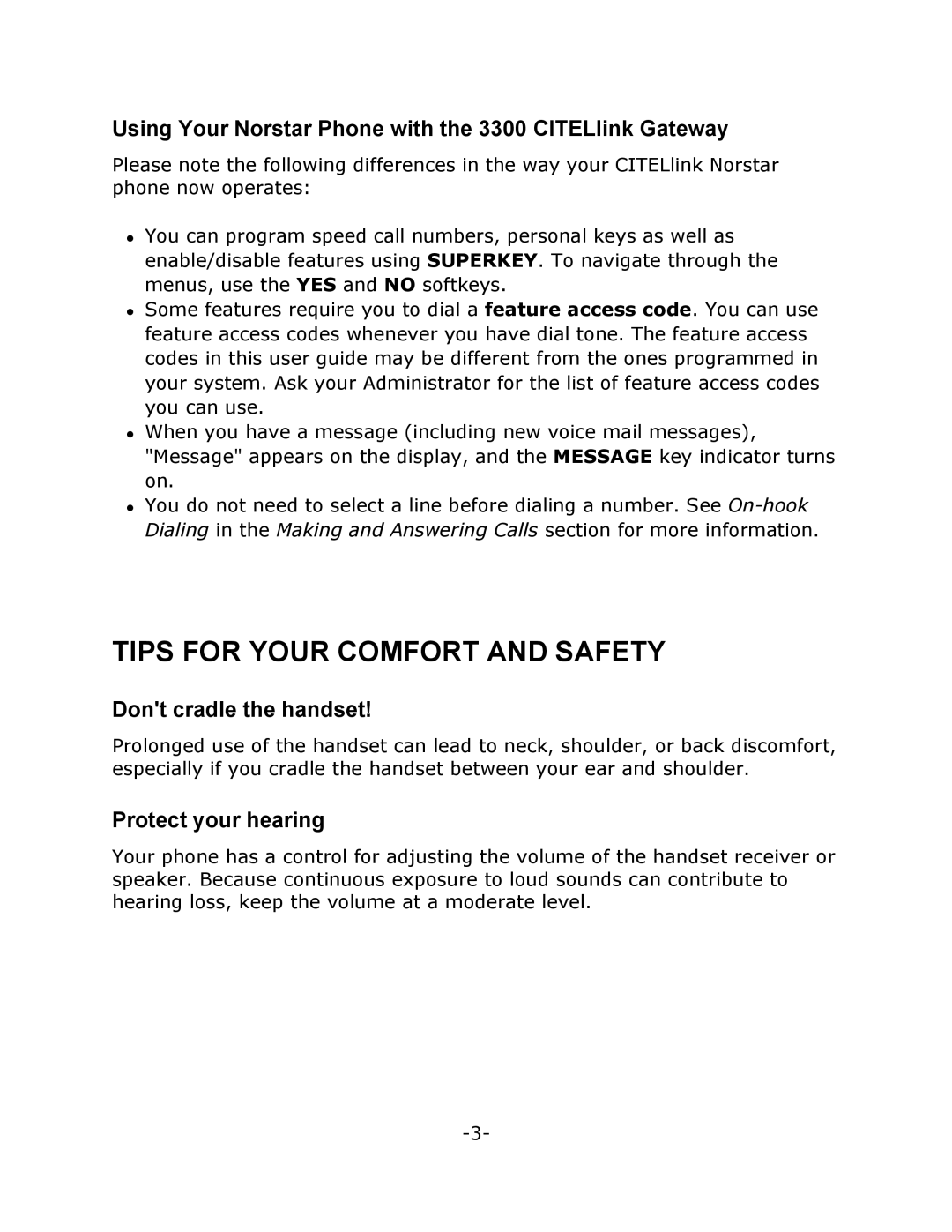 Mitel M7310 manual Tips for Your Comfort and Safety, Using Your Norstar Phone with the 3300 CITELlink Gateway 