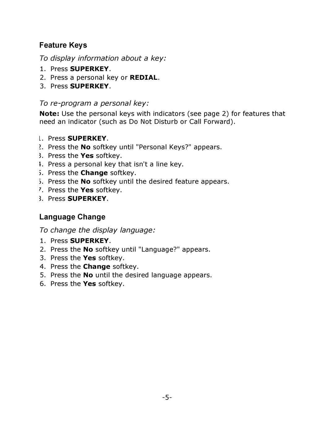 Mitel M7310 manual Feature Keys, Language Change, To display information about a key, To re-program a personal key 