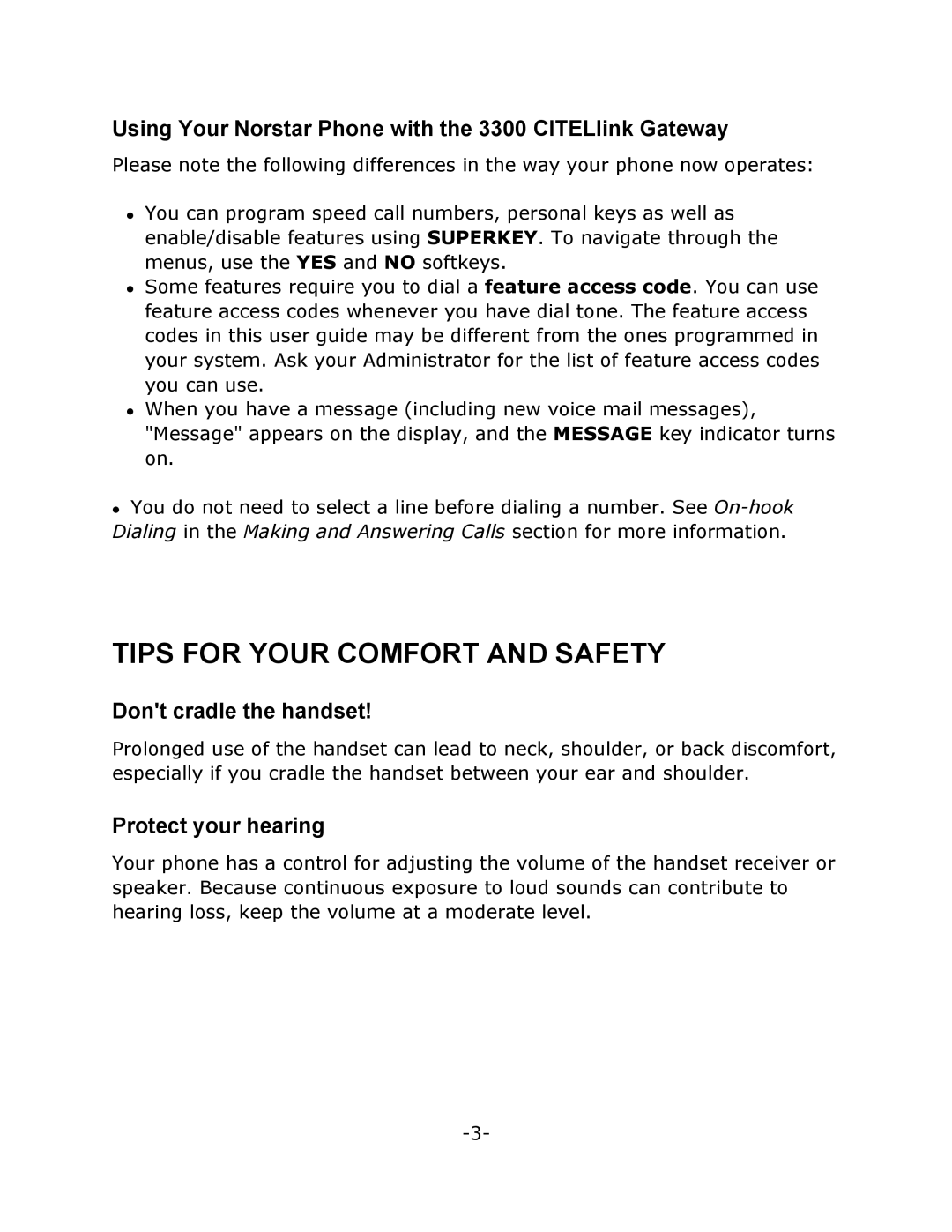 Mitel M7310N manual Tips for Your Comfort and Safety, Using Your Norstar Phone with the 3300 CITELlink Gateway 