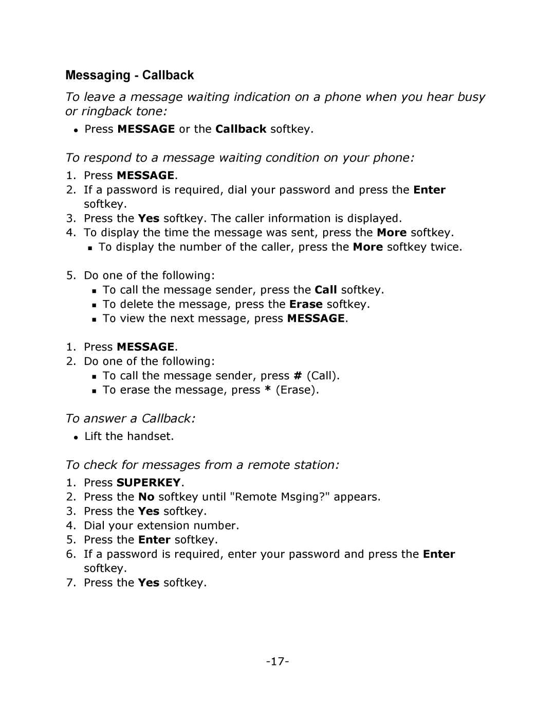 Mitel M7324 manual Messaging Callback, To respond to a message waiting condition on your phone, To answer a Callback 