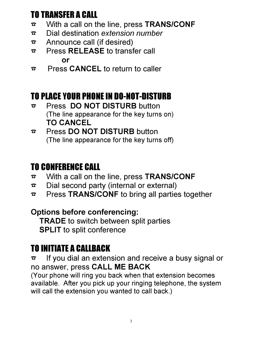 Mitel MITEL 220 To Transfer a Call, To Place Your Phone in DO-NOT-DISTURB, To Conference Call, To Initiate a Callback 