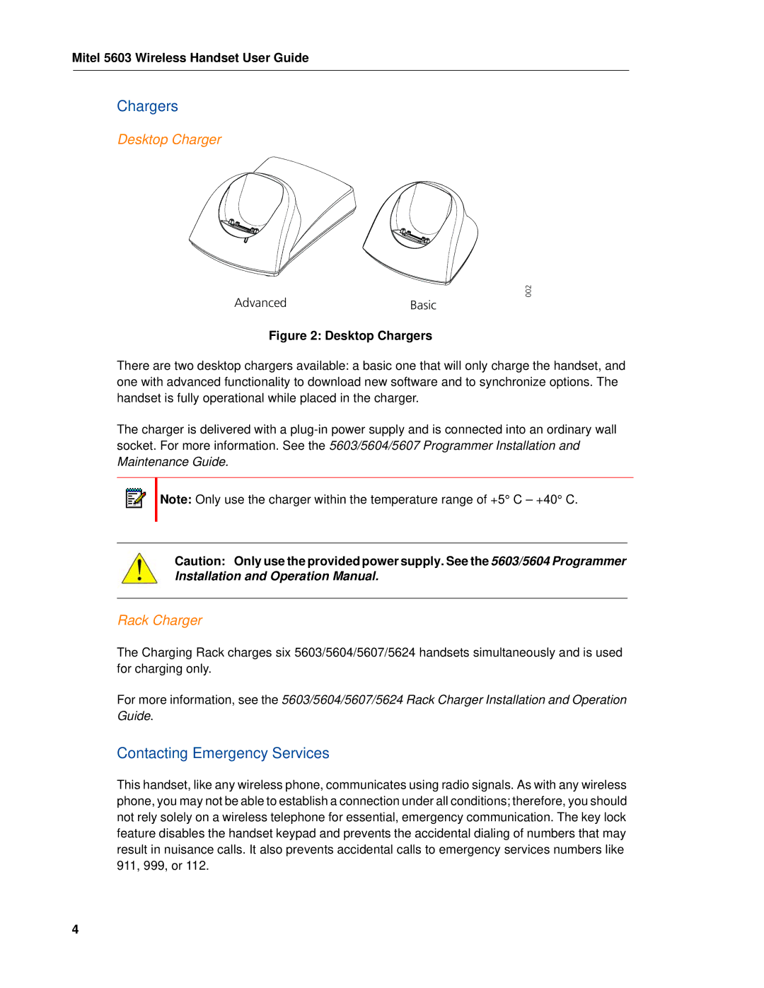 Mitel MITEL 5603 manual Chargers, Contacting Emergency Services, Desktop Charger, Rack Charger 