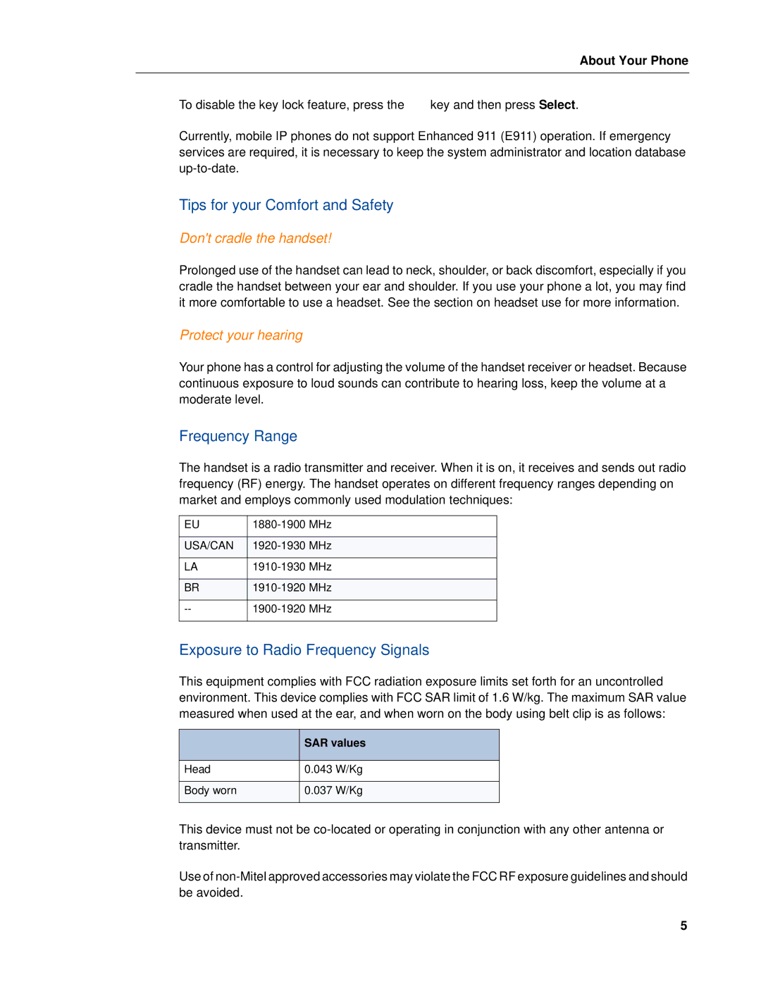 Mitel MITEL 5603 manual Tips for your Comfort and Safety, Frequency Range, Exposure to Radio Frequency Signals 