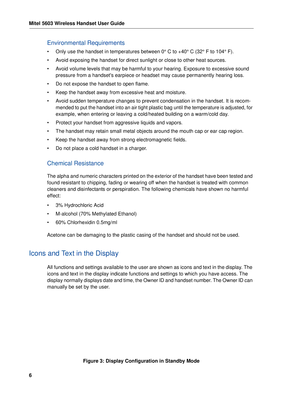 Mitel MITEL 5603 manual Icons and Text in the Display, Environmental Requirements, Chemical Resistance 