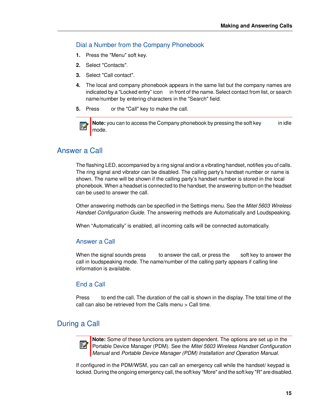 Mitel MITEL 5603 manual Answer a Call, During a Call, Dial a Number from the Company Phonebook, End a Call 