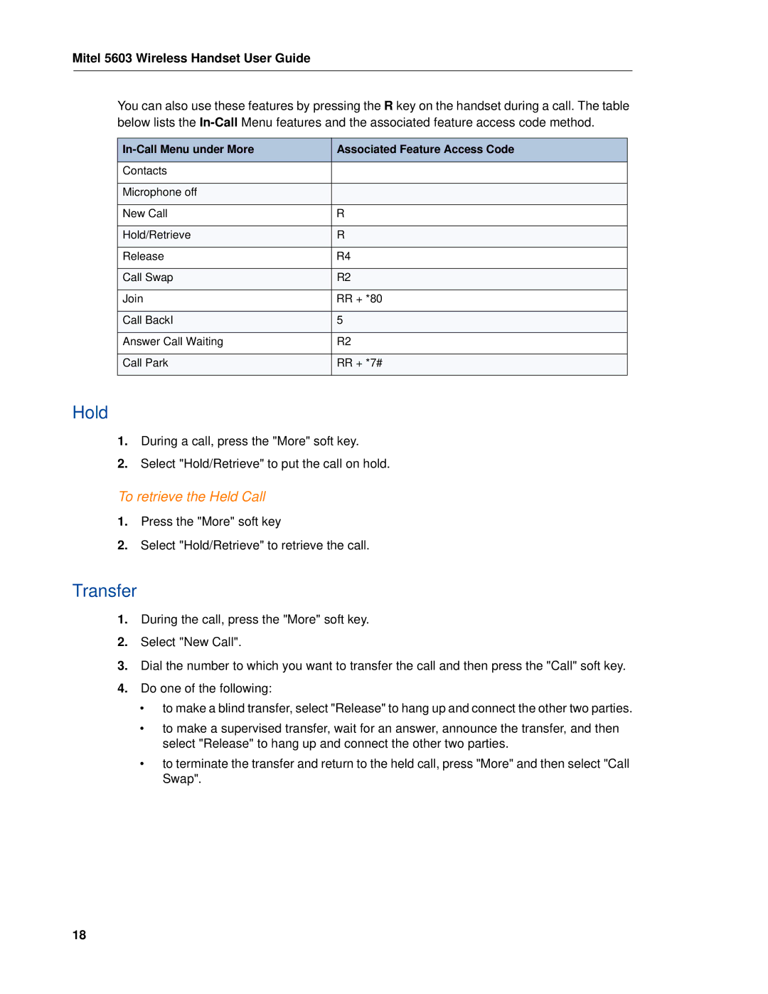 Mitel MITEL 5603 manual Hold, Transfer, To retrieve the Held Call 