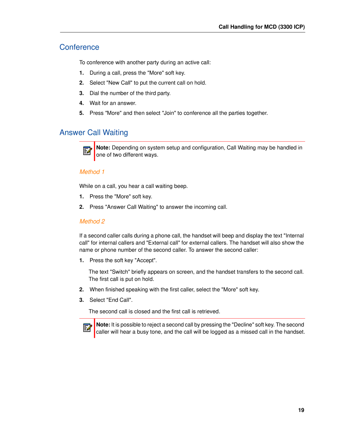 Mitel MITEL 5603 manual Conference, Answer Call Waiting, Method 