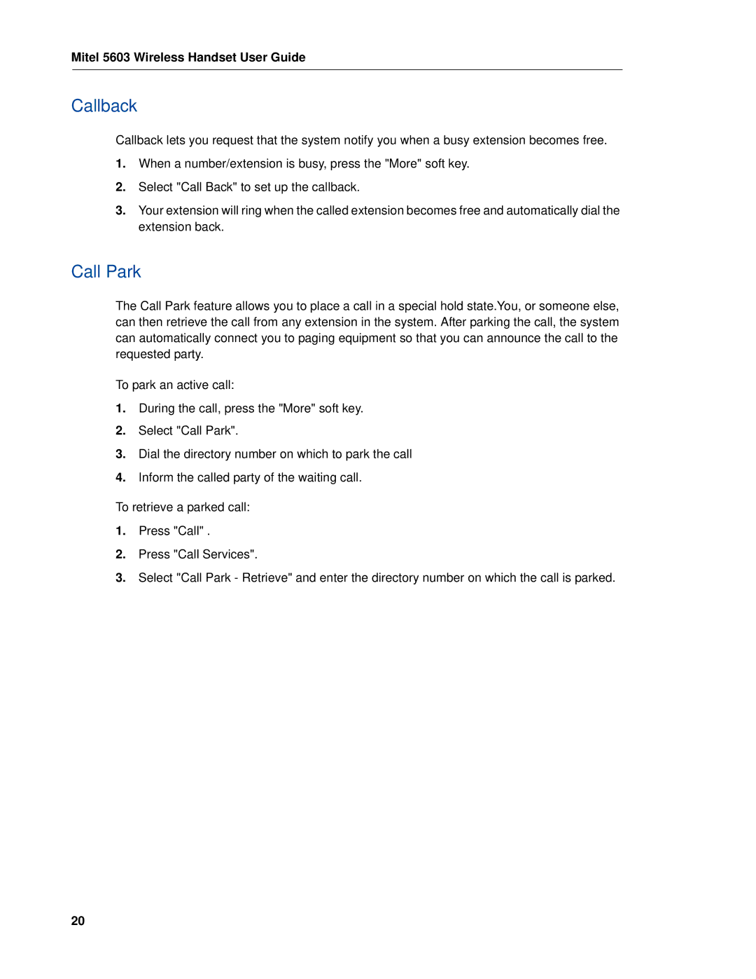 Mitel MITEL 5603 manual Callback, Call Park 