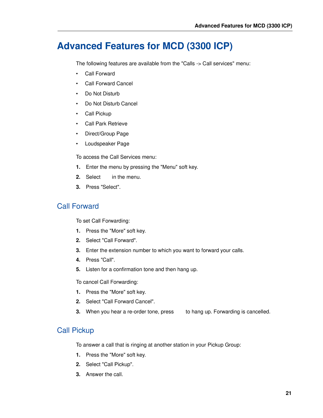 Mitel MITEL 5603 manual Advanced Features for MCD 3300 ICP, Call Forward, Call Pickup 