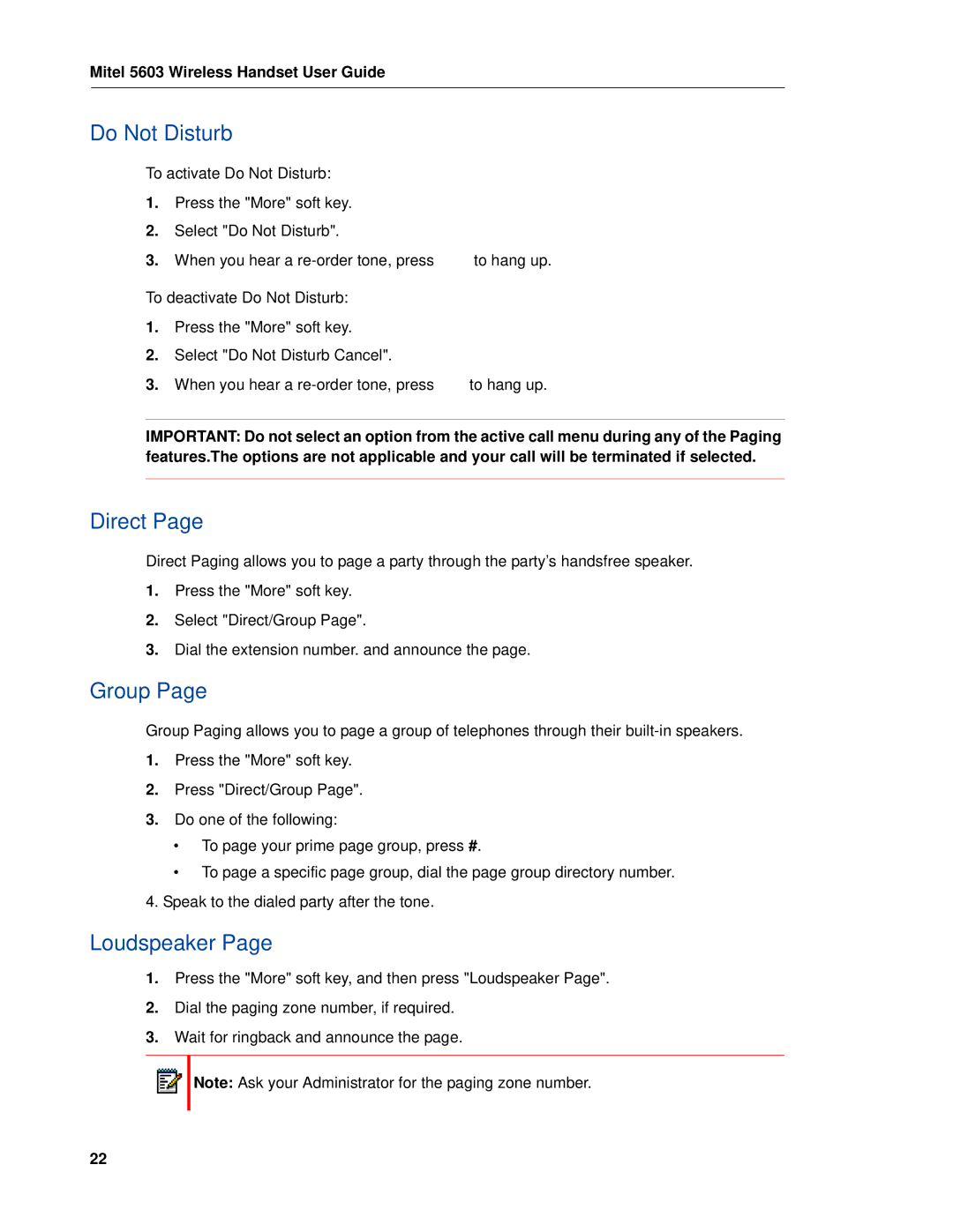 Mitel MITEL 5603 manual Do Not Disturb, Direct, Group, Loudspeaker 