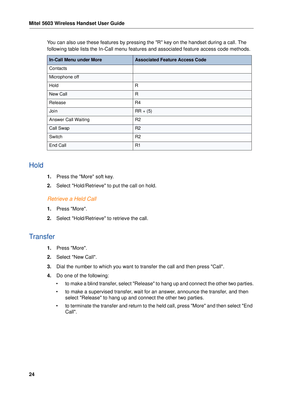 Mitel MITEL 5603 manual Hold, Retrieve a Held Call 