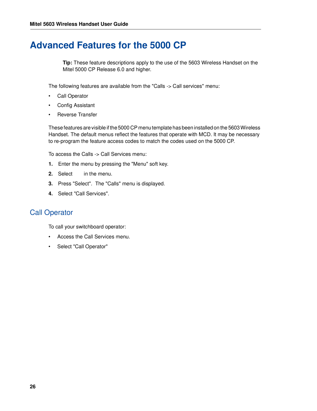 Mitel MITEL 5603 manual Advanced Features for the 5000 CP, Call Operator 