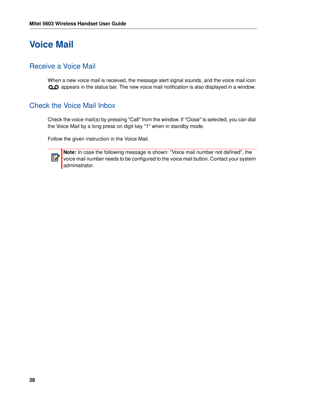 Mitel MITEL 5603 manual Receive a Voice Mail, Check the Voice Mail Inbox 