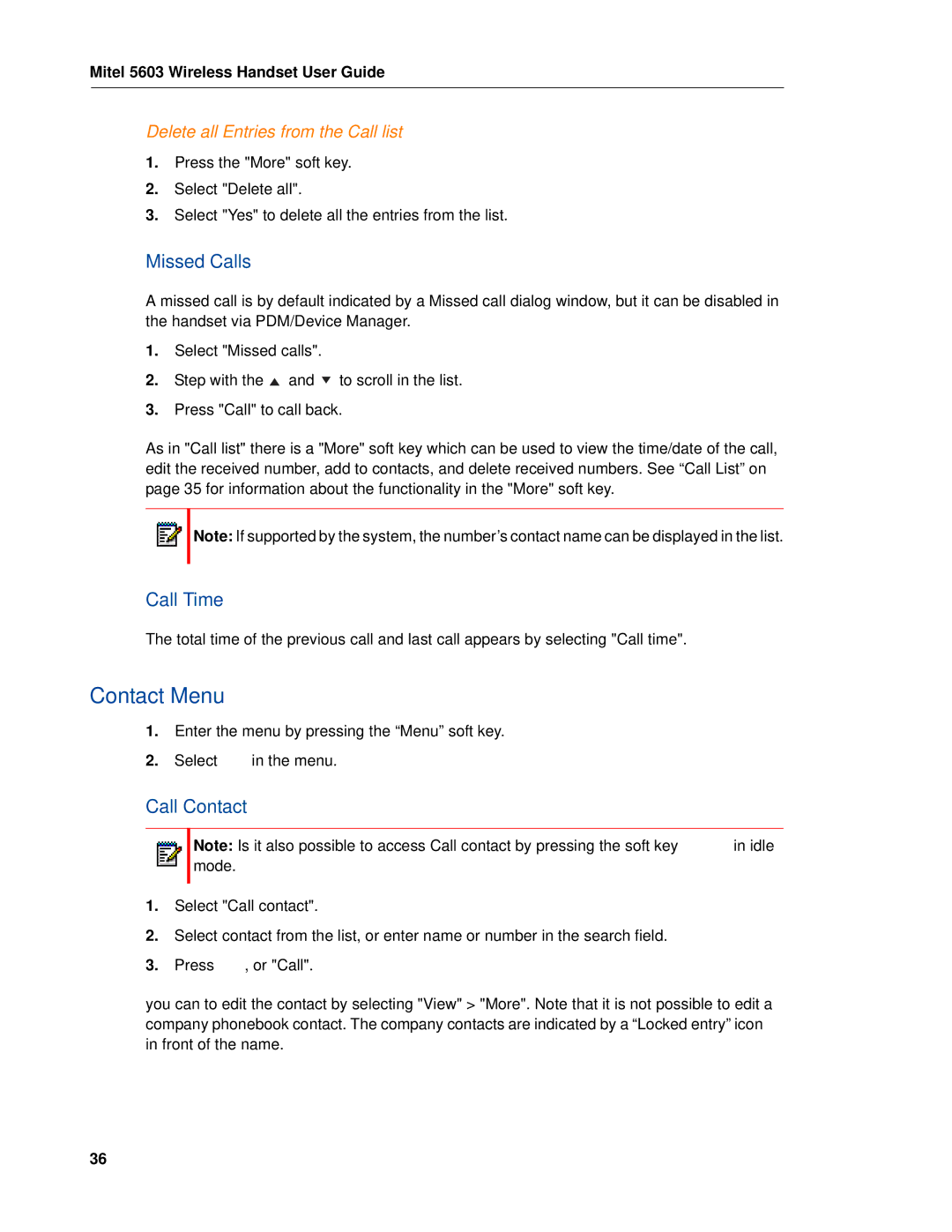 Mitel MITEL 5603 manual Contact Menu, Missed Calls, Call Time, Call Contact, Delete all Entries from the Call list 