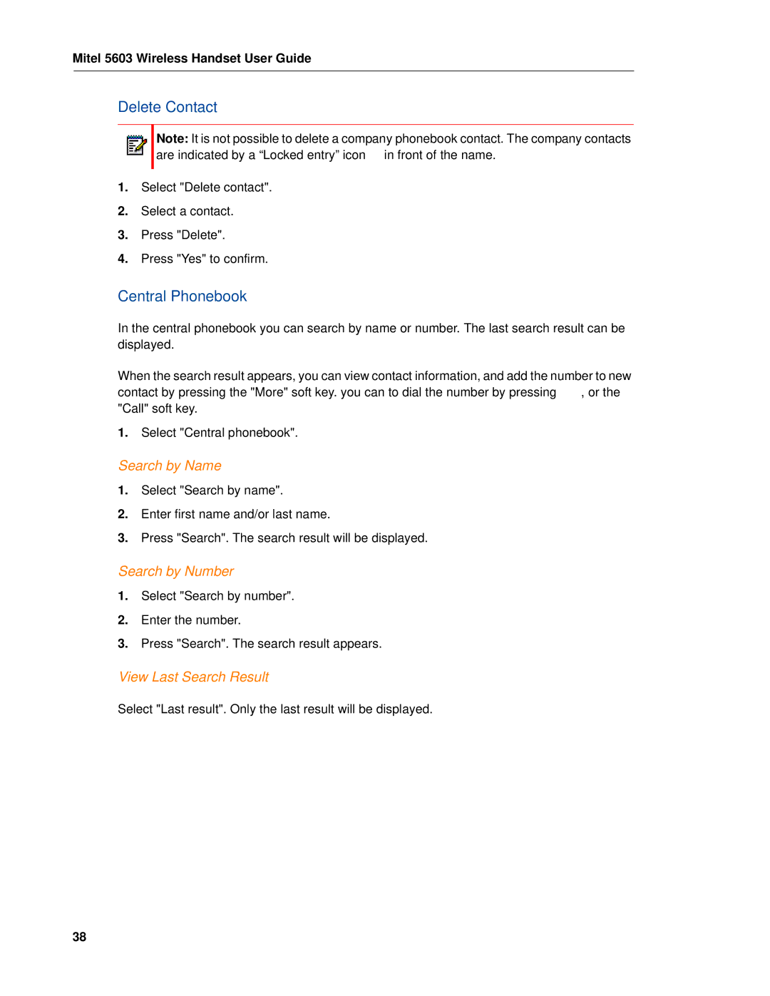 Mitel MITEL 5603 manual Delete Contact, Central Phonebook, Search by Name, Search by Number, View Last Search Result 