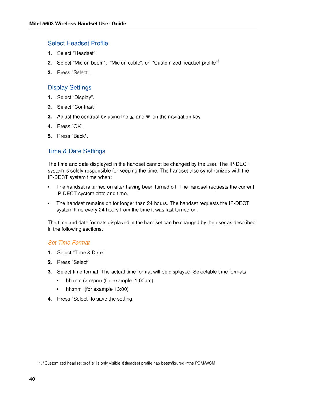 Mitel MITEL 5603 manual Select Headset Profile, Display Settings, Time & Date Settings, Set Time Format 