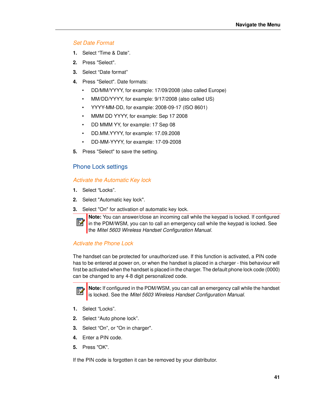 Mitel MITEL 5603 manual Phone Lock settings, Set Date Format, Activate the Automatic Key lock, Activate the Phone Lock 