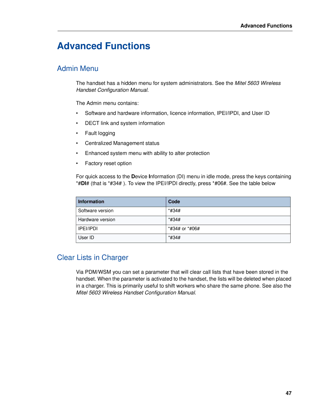 Mitel MITEL 5603 manual Advanced Functions, Admin Menu, Clear Lists in Charger 