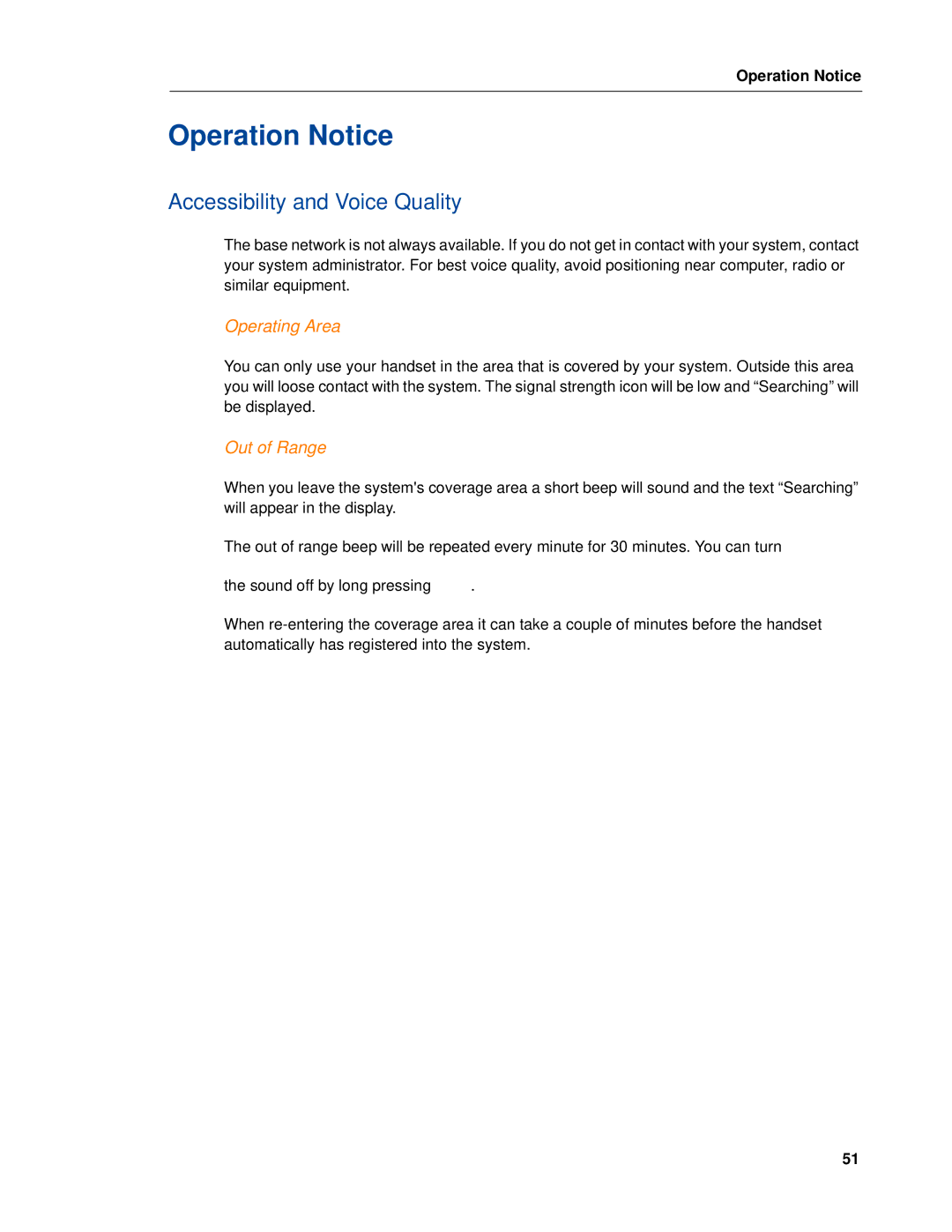 Mitel MITEL 5603 manual Operation Notice, Accessibility and Voice Quality, Operating Area, Out of Range 