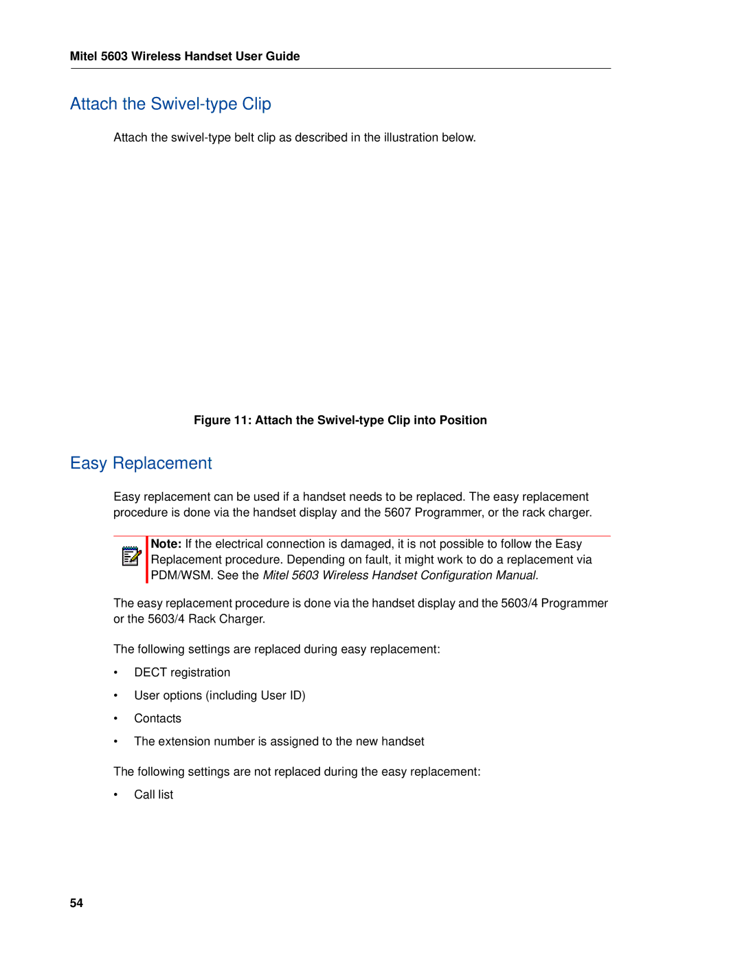 Mitel MITEL 5603 manual Attach the Swivel-type Clip, Easy Replacement 