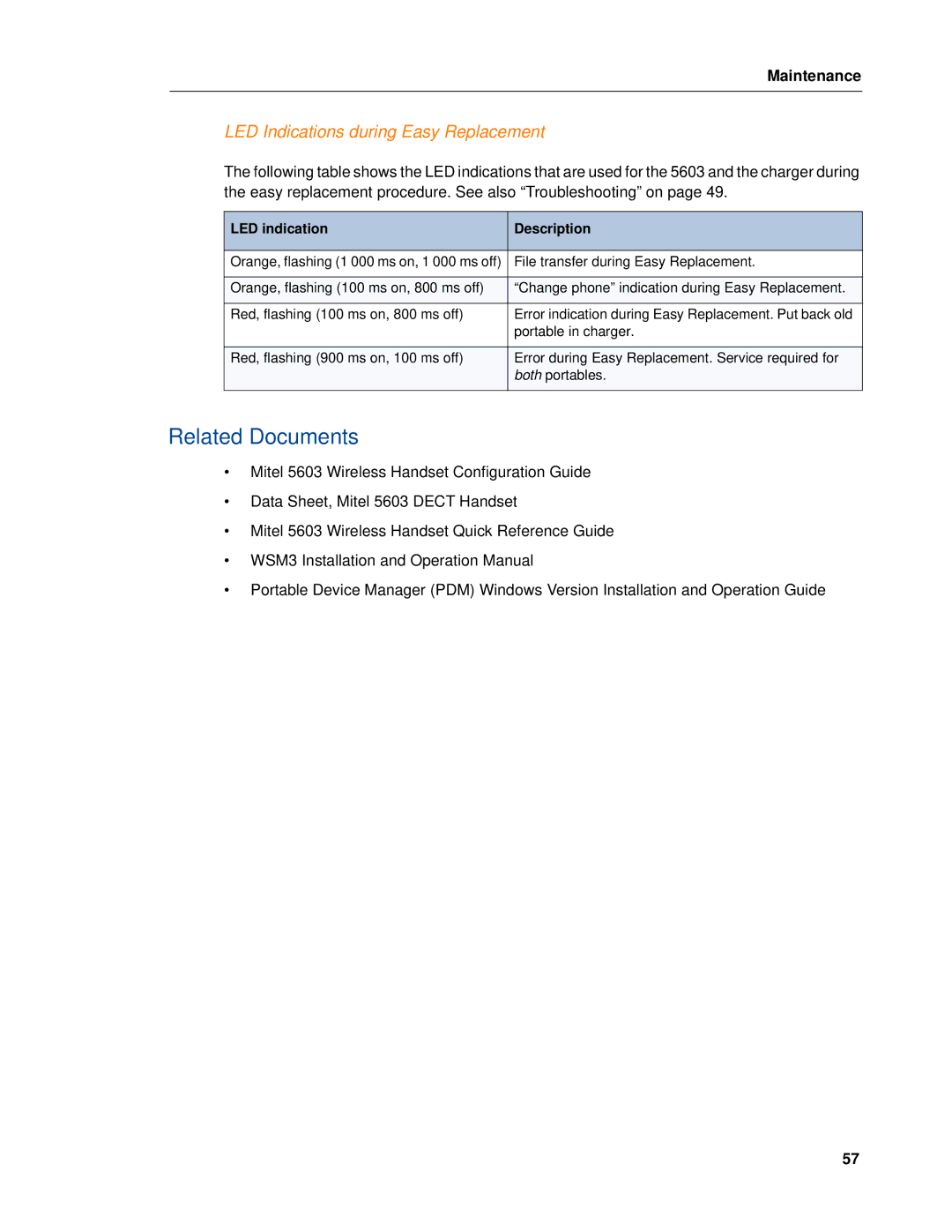 Mitel MITEL 5603 manual Related Documents, LED Indications during Easy Replacement 