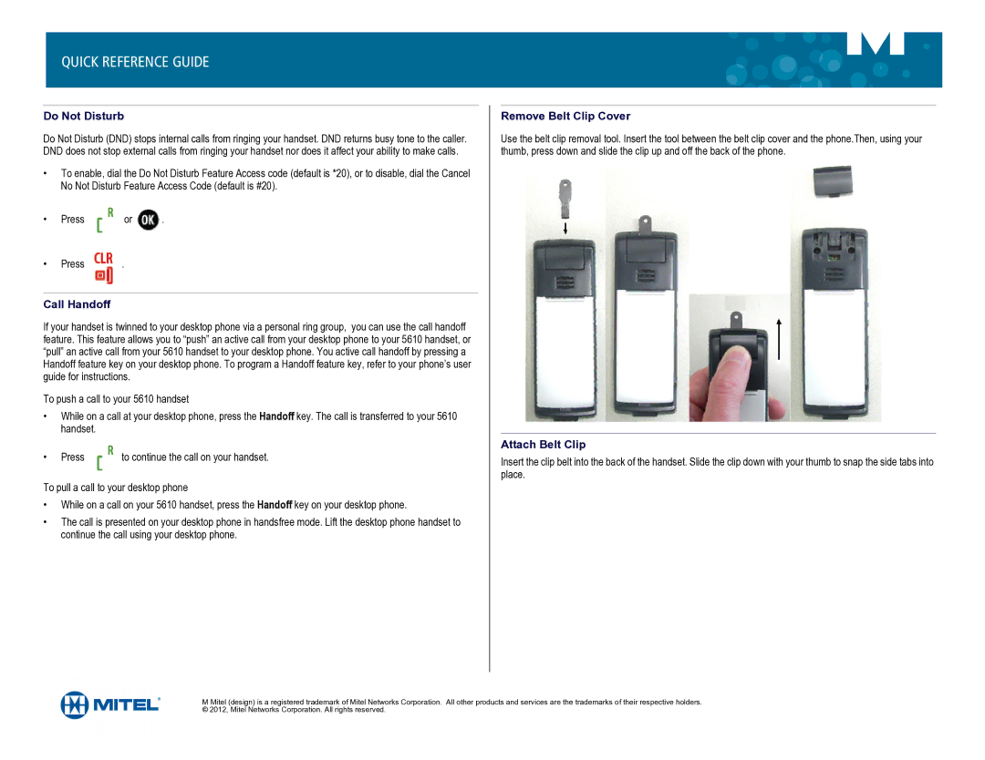 Mitel Mitel 5610 IP Dect manual Do Not Disturb, Call Handoff, Remove Belt Clip Cover, Attach Belt Clip 