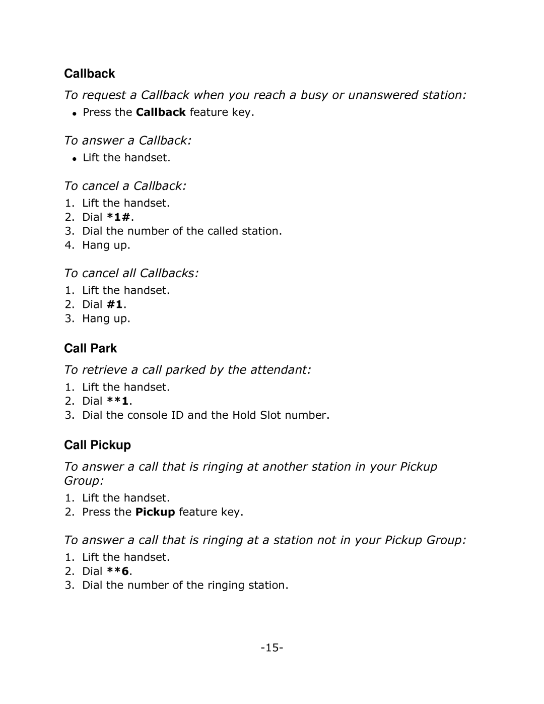 Mitel mitel networks 3200 manual Callback, Call Park, Call Pickup 