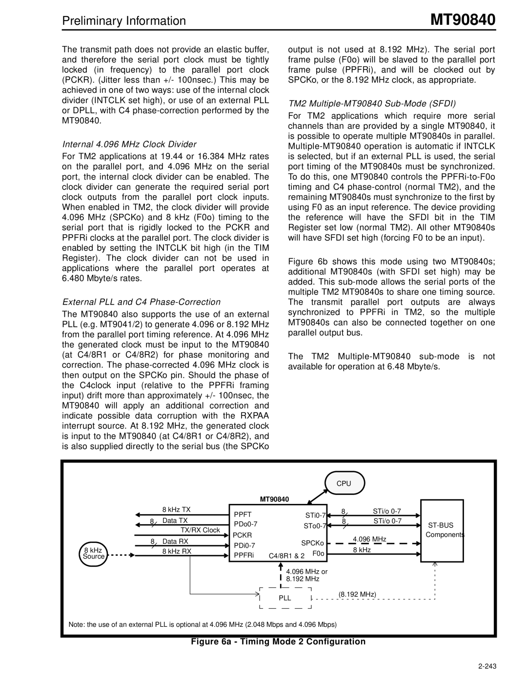 Mitel manual Internal 4.096 MHz Clock Divider, External PLL and C4 Phase-Correction, TM2 Multiple-MT90840 Sub-Mode Sfdi 