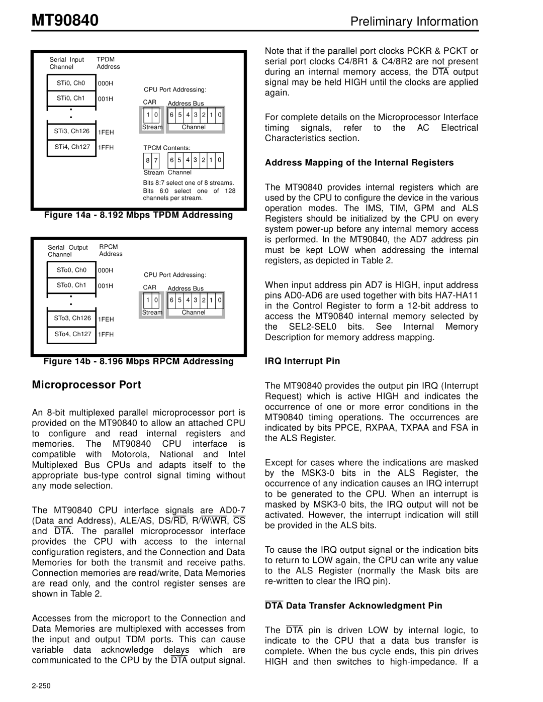 Mitel MT90840 manual Microprocessor Port, Address Mapping of the Internal Registers, IRQ Interrupt Pin 