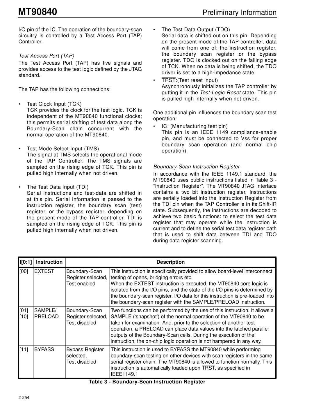 Mitel MT90840 manual Test Access Port TAP, Boundary-Scan Instruction Register, I01 Instruction Description 