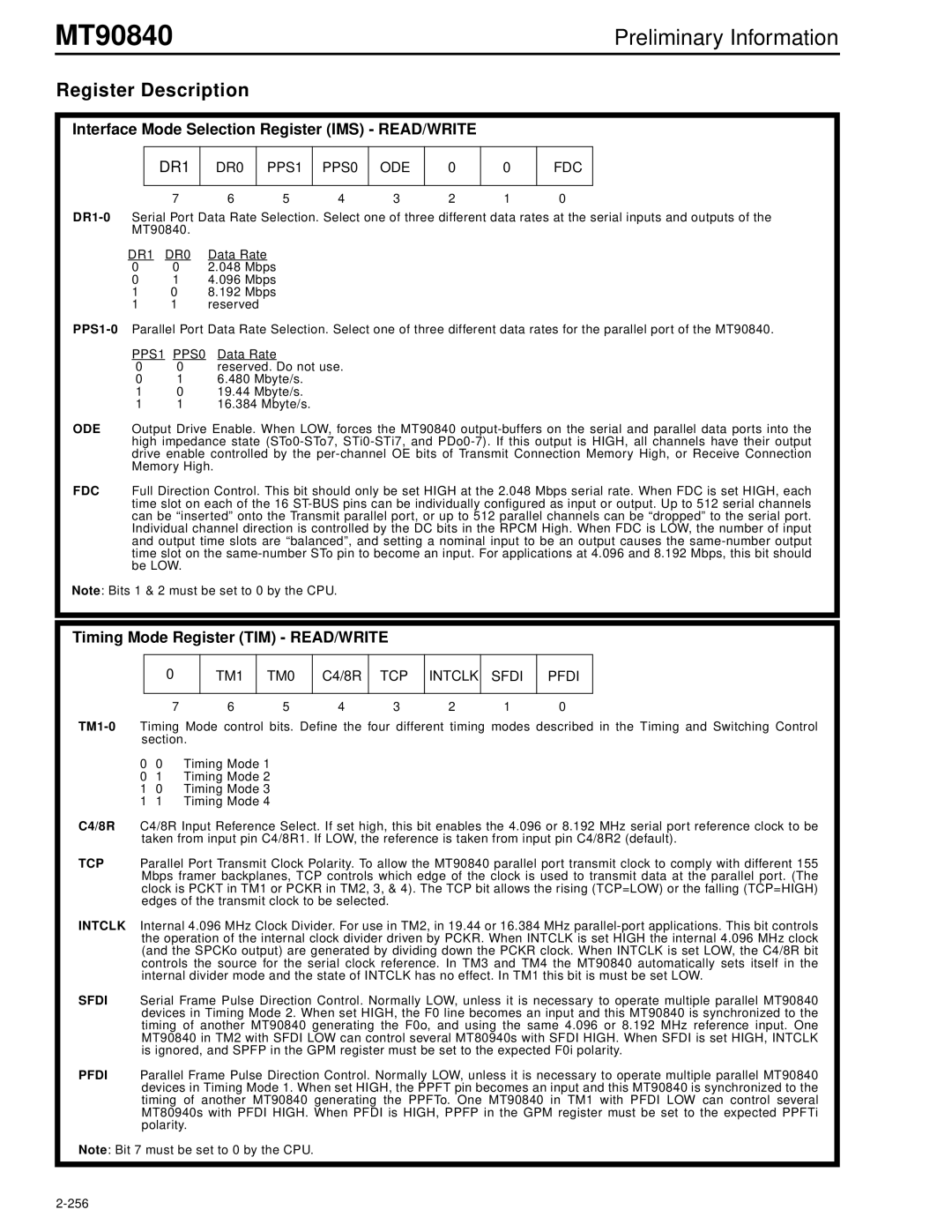 Mitel MT90840 manual Register Description, Interface Mode Selection Register IMS READ/WRITE, DR1 