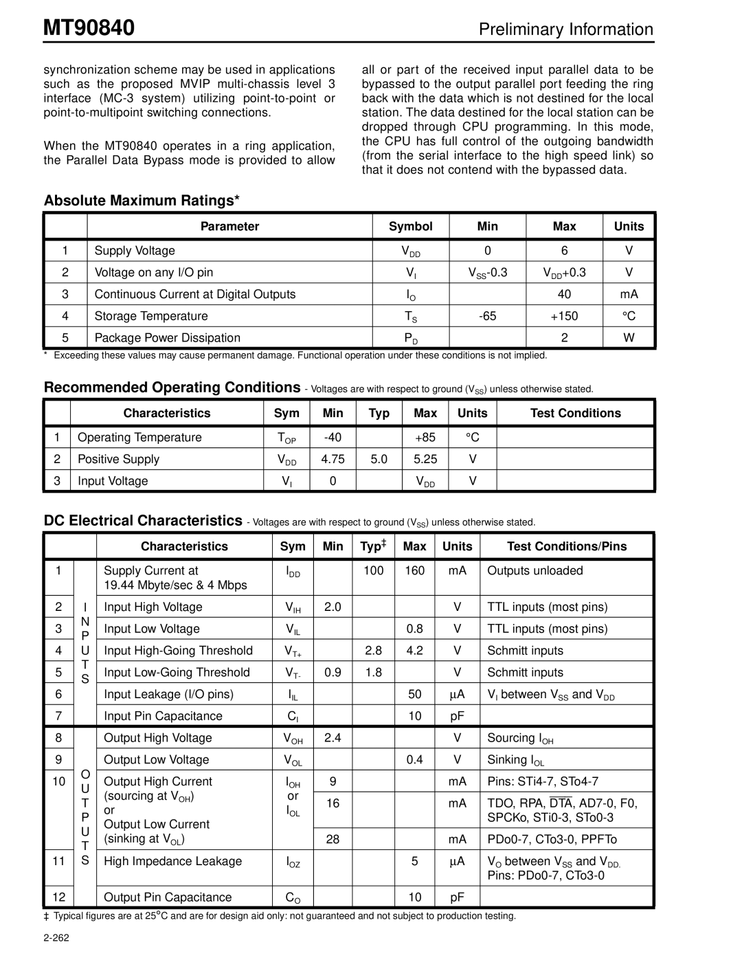 Mitel MT90840 manual Absolute Maximum Ratings, Parameter Symbol Min Max Units 