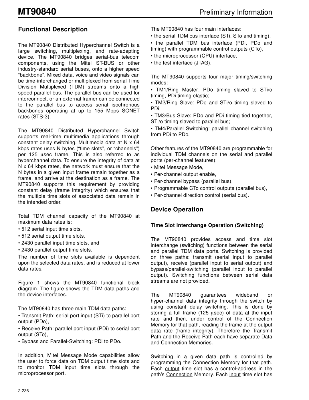 Mitel MT90840 manual Functional Description, Device Operation, Time Slot Interchange Operation Switching 