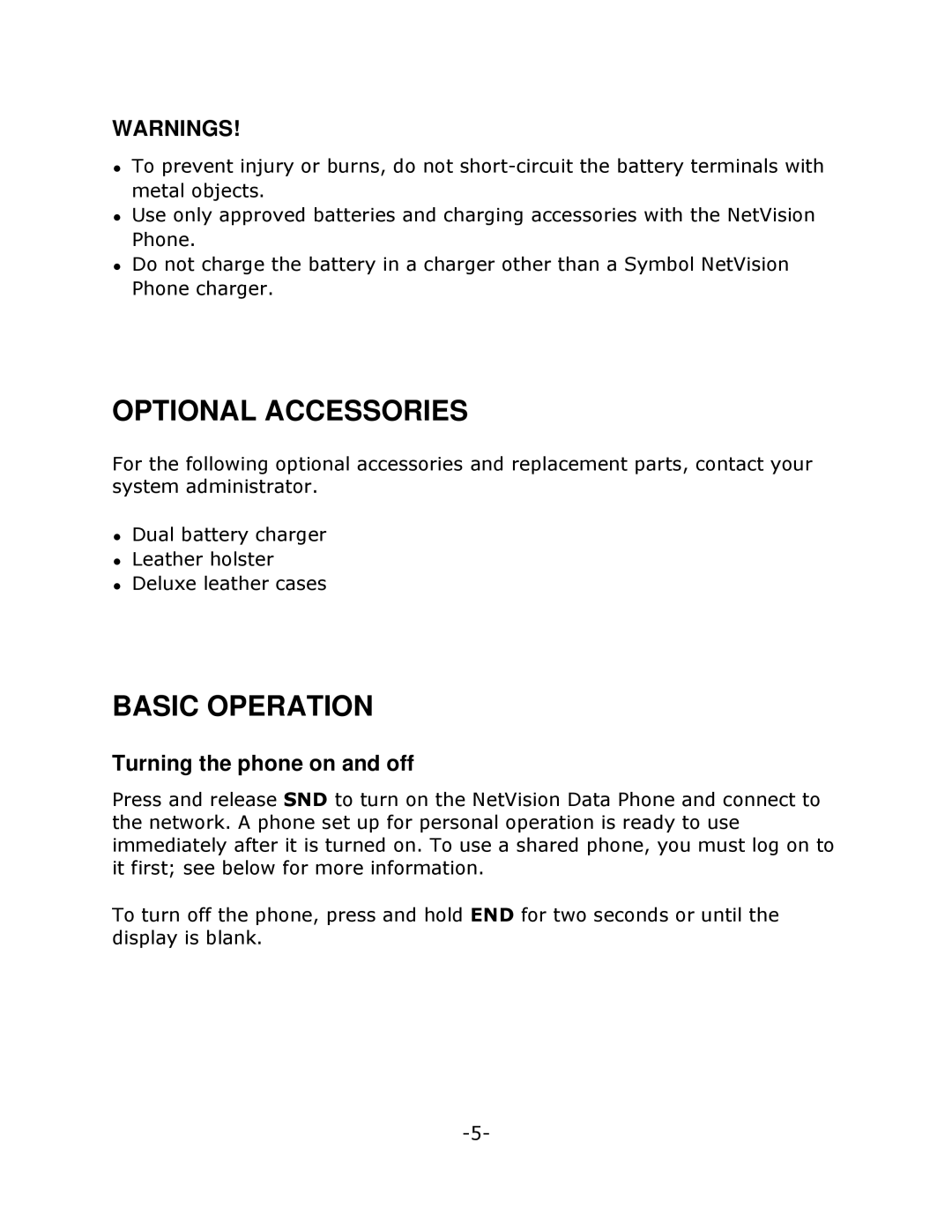 Mitel NETVISION PHONE manual Optional Accessories, Basic Operation, Turning the phone on and off 