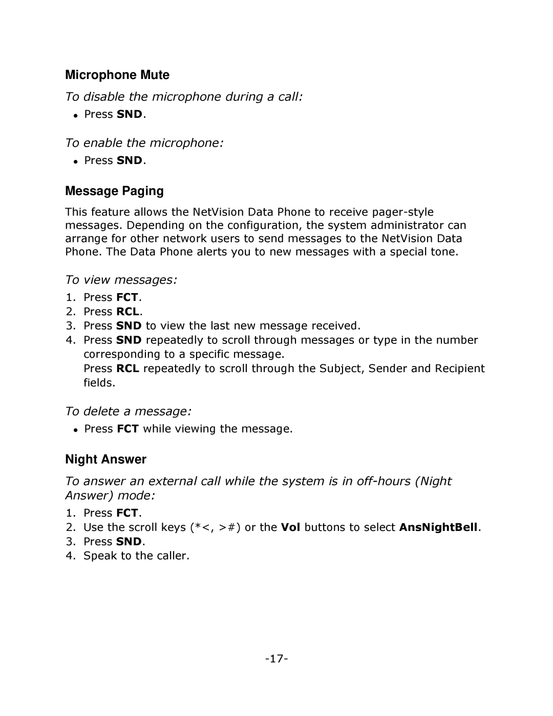 Mitel NETVISION PHONE manual Microphone Mute, Message Paging, Night Answer 