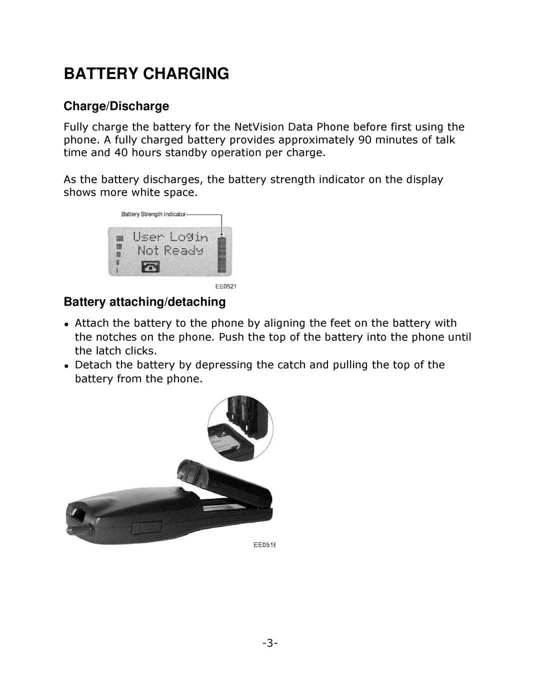 Mitel NETVISION PHONE manual Battery Charging, Charge/Discharge, Battery attaching/detaching 