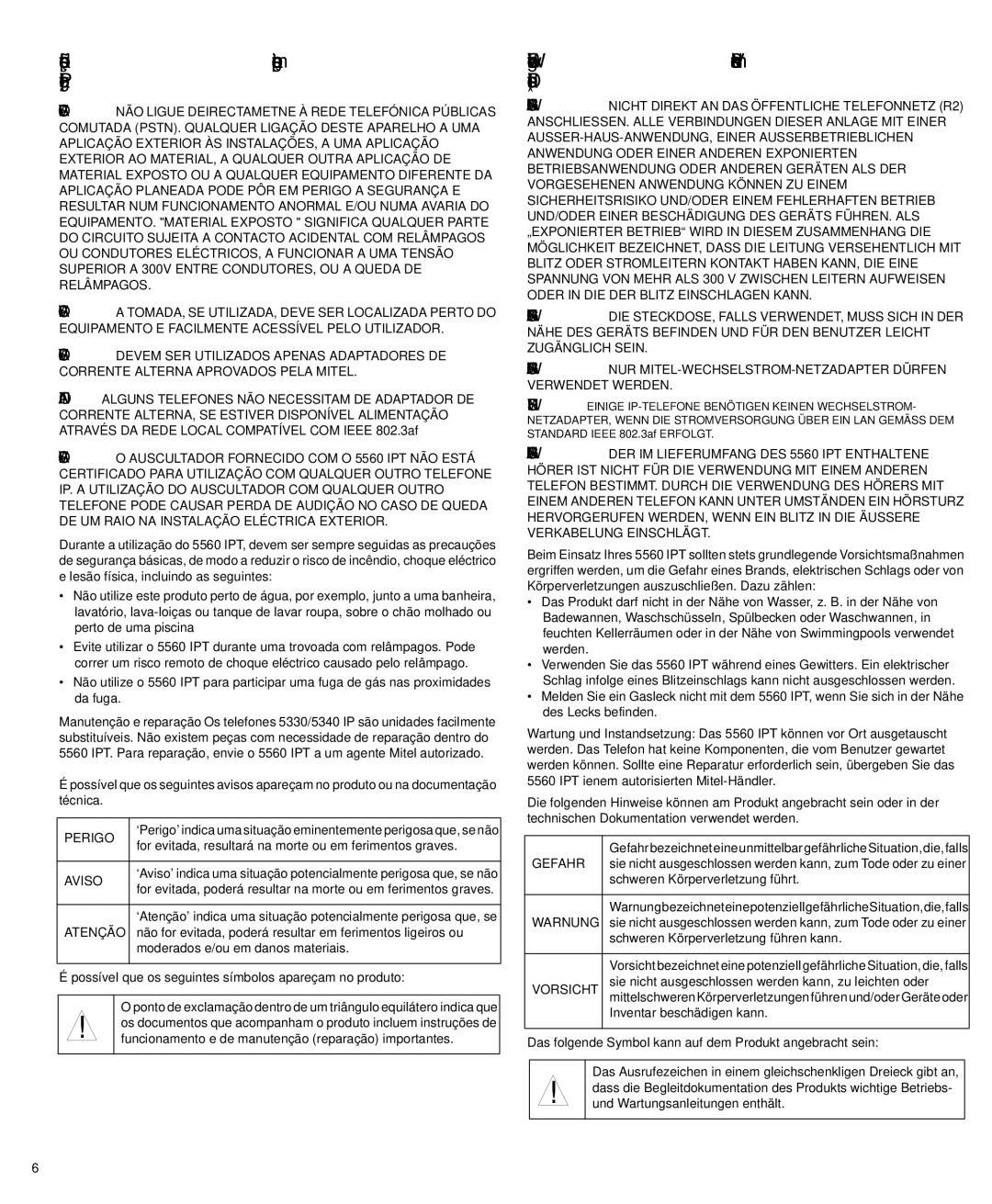 Mitel none manual Instruções e precauções de segurança importantes Portugal, Aviso, Gefahr, Vorsicht 