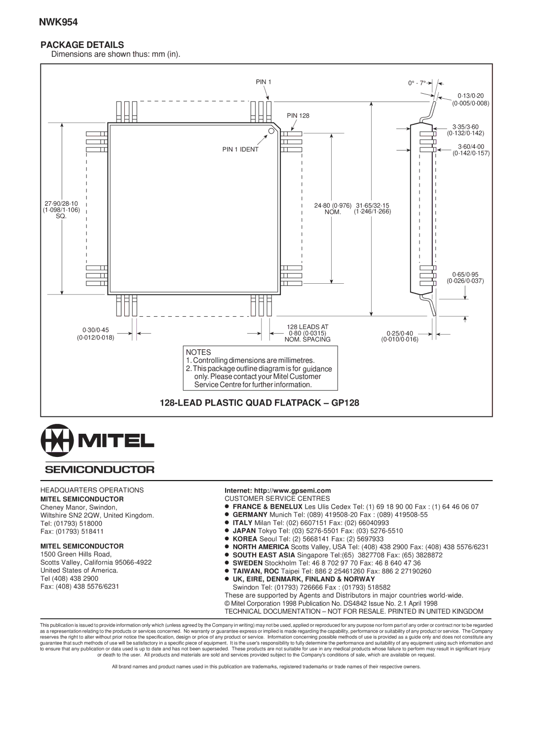 Mitel NWK954 manual Package Details, Lead Plastic Quad Flatpack GP128 