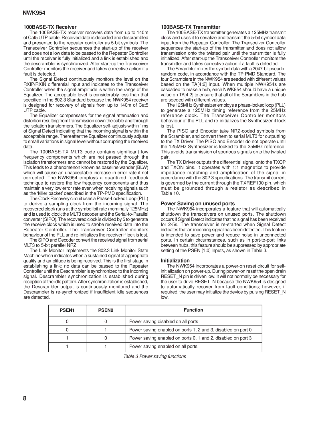 Mitel NWK954 manual 100BASE-TX Receiver, 100BASE-TX Transmitter, Power Saving on unused ports, Initialization, Function 