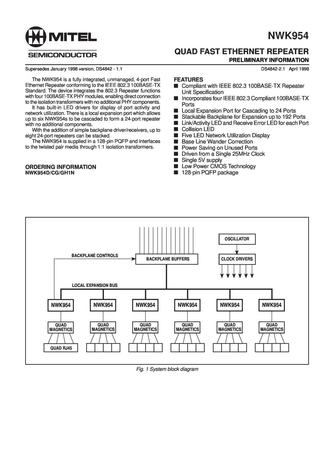 Mitel NWK954 manual Preliminary Information, Ordering Information, Features, System block diagram 