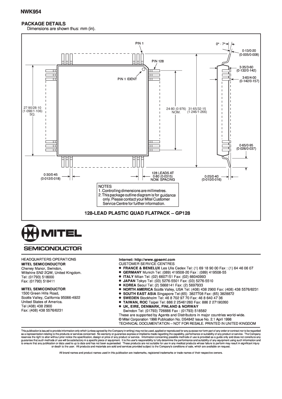 Mitel NWK954 LEAD PLASTIC QUAD FLATPACK - GP128, Package Details, Dimensions are shown thus mm in, Mitel Semiconductor 