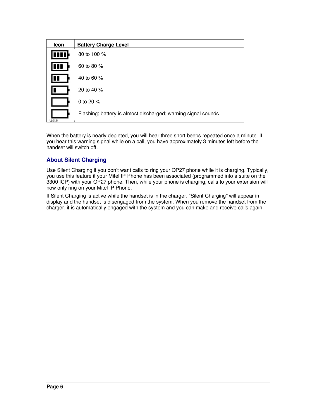 Mitel OpenPhone 27 manual About Silent Charging, Icon Battery Charge Level 