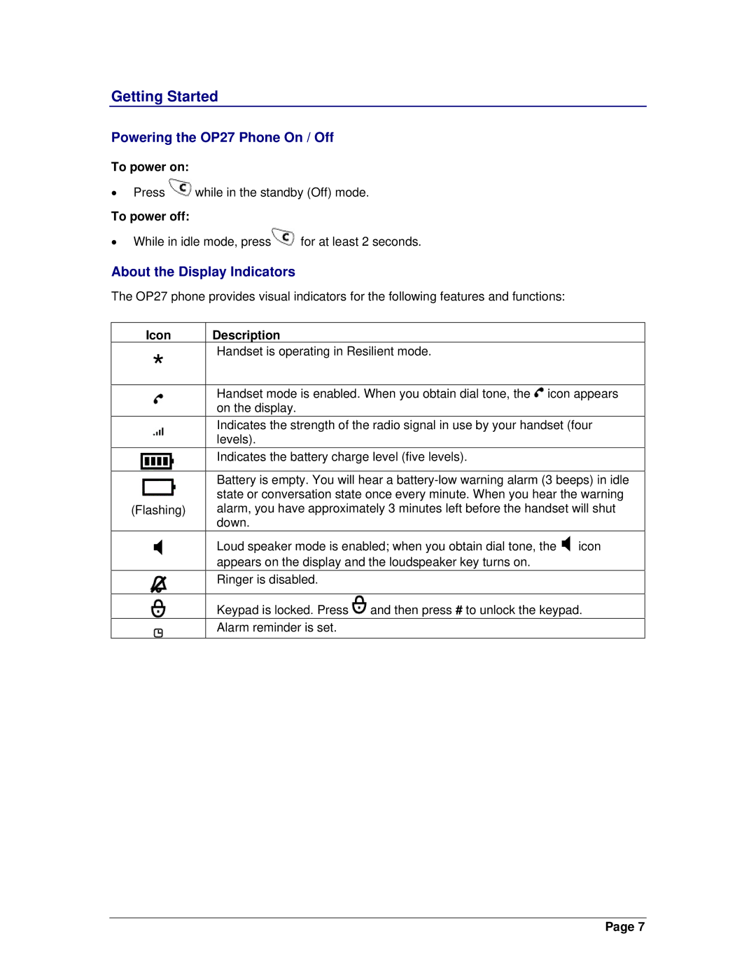 Mitel OpenPhone 27 manual Getting Started, Powering the OP27 Phone On / Off, About the Display Indicators 